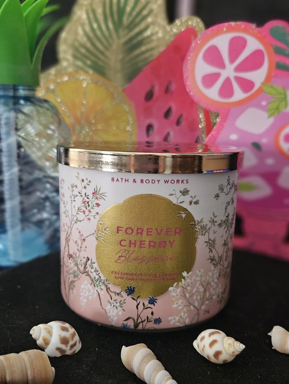 NWT Bath & Body Works Forever Cherry Blossom 3-wick Candle - Pink & Gold
